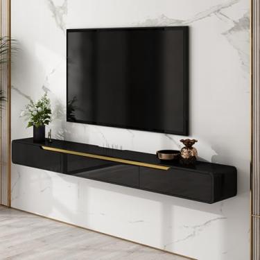 Imagem de Suporte de TV flutuante, prateleira de TV montada na parede, console de mídia moderno com armazenamento, centro de entretenimento para sala de estar, acabamento brilhante, design que economiza espaço