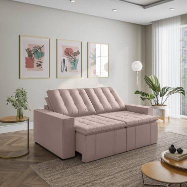 Imagem de Sofá Cama Retrátil e Reclinável 3 Lugares 200cm em Veludo com Molas e Braço Reto Palmeira Cabecasa M Rosa