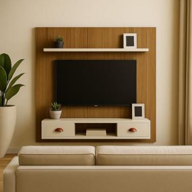 Imagem de Painel Ripado Para TV Até 50 Polegadas 2 Portas e Prateleira (Ripado com Off White)