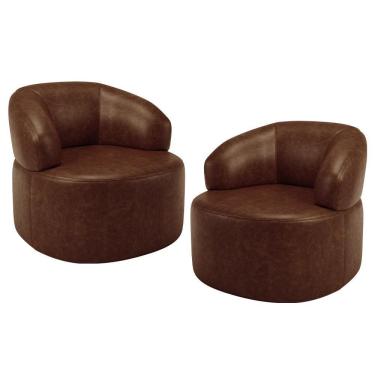 Imagem de Kit 02 Poltronas Giratória Orgânica Para Sala De Estar Living Helena L02 Couríssimo Marrom - Lyam Decor