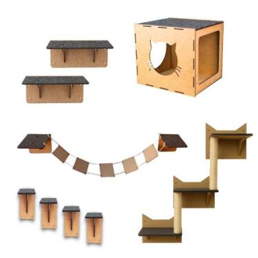 Imagem de Kit Playground para Gatos Circuito Suspenso de Parede 9 peças Mdf Esca