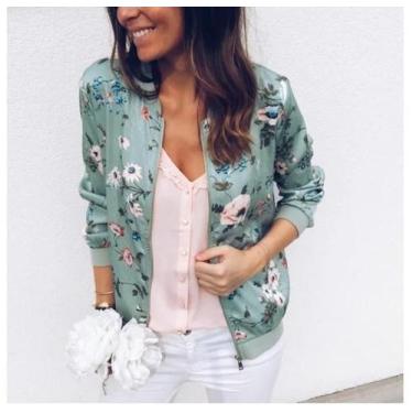 Imagem de Jaqueta Bomber Feminina Com Estampa Floral E Zíper, Ajuste Slim Para P