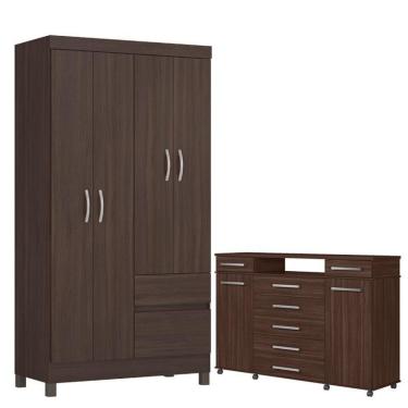 Imagem de Guarda Roupa Solteiro com Cômoda Lótus London 4 Portas Giratórias 2 Gavetas MDP Texturizado Café Touch