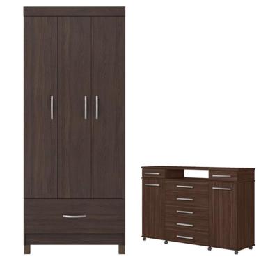 Imagem de Guarda Roupa Solteiro Prince 3 Portas 1 Gaveta MDP Café Touch + Cômoda London Café Touch Demóbile