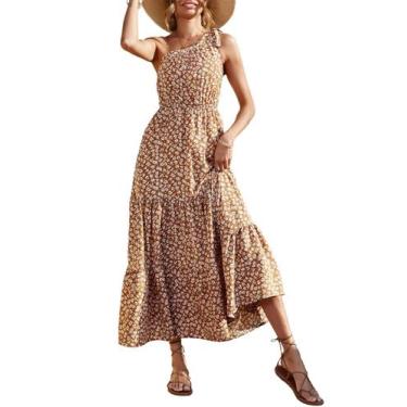 Imagem de Vestido maxi amarillo de un solo hombro con estampado floral PRETTYGAR