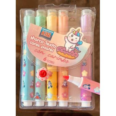 Imagem de Kit de Marca Texto Pastel com Carimbo - 6 Cores - Kaz