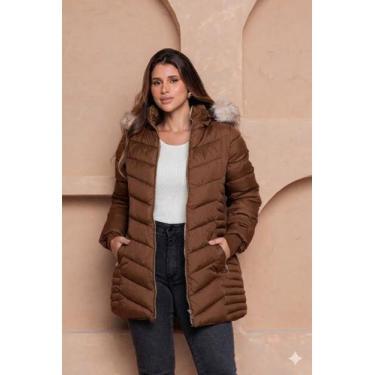 Imagem de Jaqueta Alongada Feminina Puffer com Capuz Peluciado COR:MARROMTAMANHO