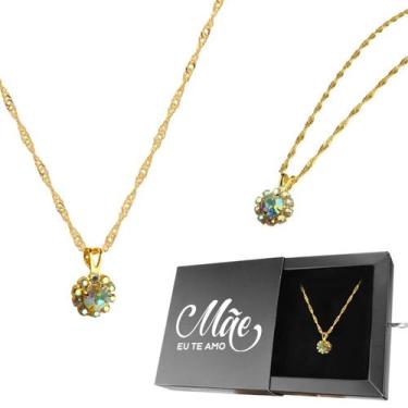 Imagem de Colar Feminino Aço Banhado Ouro + Caixa + Pingente Strass dourado pres