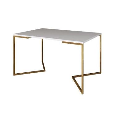 Imagem de Mesa De Jantar Industrial Retangular Branca 120X75Cm Base V Dourada - 