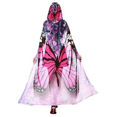 Imagem de FEOYA Fantasia feminina com capuz, capa de chiffon, asas de borboleta, xale para festa dançante, Vermelho rosa, G