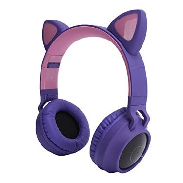 Imagem de Fone de ouvido sem fio Bluetooth na orelha, fone de ouvido dobrável Bluetooth 5.0 com orelha de gato para crianças, 3,5 mm AUX sem fio com luz LED 3D com microfone, suporta cartão TF/FM (roxo)