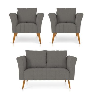 Imagem de Kit 01 Namoradeira 02 Lugares e 02 Poltronas Marilia Linho Grafite A26 Pés Palito Castanho - D`Rossi