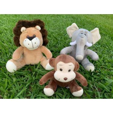 Imagem de Kit Safari Com 3 Bichos De Pelúcia Leão Elefante E Macaco Antialérgico
