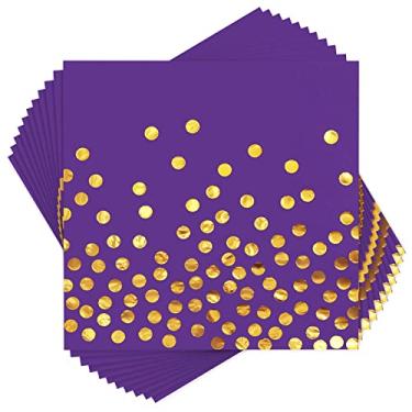 Imagem de Guardanapos de coquetel roxos 100 peças guardanapos de jantar de papel de ponto dourado descartáveis para aniversário de aniversário aniversário festa de casamento suprimentos