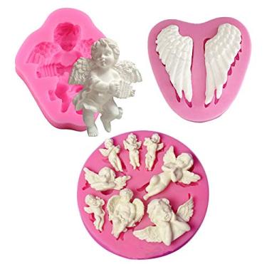 Imagem de HiParty 3 peças/conjunto de mini anjo para bebês e asas moldes de decoração de bolos de silicone de querubim, moldes de argila de polímero para meninos e bebês, acessórios de decoração de batismo e cupcake