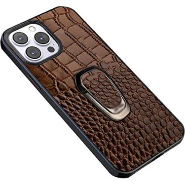 Imagem de RAYESS Capa para iPhone 14 Pro com suporte de anel, textura clássica de crocodilo couro genuíno TPU silicone capa protetora fina híbrida para iPhone 14 Pro (Cor: marrom1)