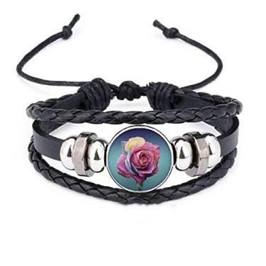 Imagem de Pulseira de couro trançado com rosas em rosa escuro