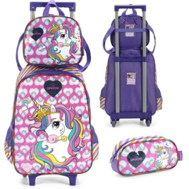 Imagem de Mochila Infantil Rodinhas Unicórnio Up4You com Lancheira e Estojo Roxo