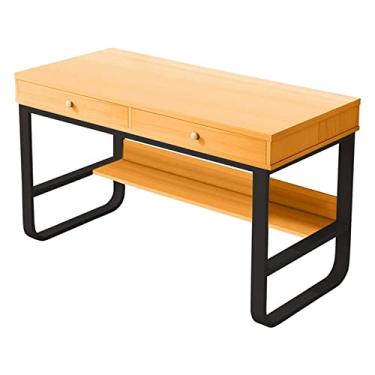 Imagem de Mesa de computador com gavetas duplas, mesa de estudo com moldura de aço, laptop, PC, estação de trabalho, mesa de estudante, mesa de escritório em casa, ideal para quarto, escritório, amarelo