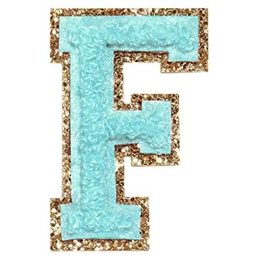 Imagem de 3 Pçs Chenille Letter Patches Ferro em Patches Glitter Varsity Letter Patches Bordado Bordado Borda Dourada Costurar em Patches para Vestuário Chapéu Camisa Bolsa (Azul, F)