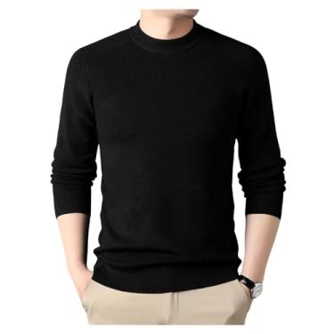 Imagem de Camisa masculina de malha de cor sólida gola rolê fina suéter justo pulôver inferior, Preto, XXG