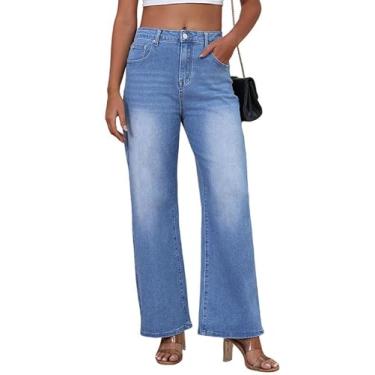 Imagem de Genleck Calça jeans feminina larga larga – Calça jeans solta de cintura alta elástica moderna, 07-azul-c, P