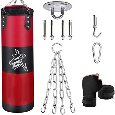 Imagem de ZERUIDM Saco de pancada de pendurar para adultos não preenchido, saco de boxe pesado, conjunto de boxe juvenil com envoltório de mão, cabides de saco de pancada, para treinamento de Taekwondo de MMA