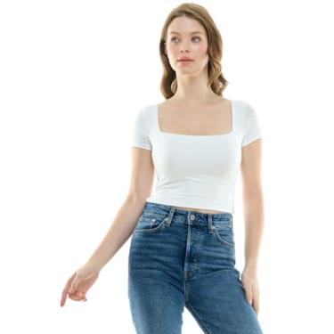 Imagem de Emma's Closet Camiseta feminina de manga curta Squareneck de camada dupla AZ1008, Branco, GG