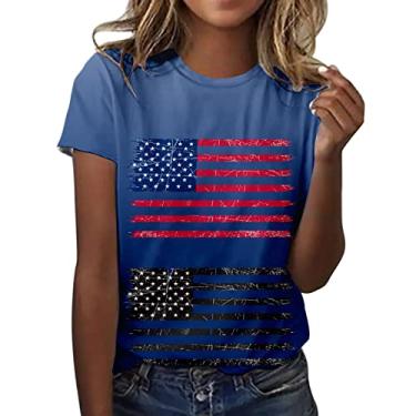 Imagem de Camisetas femininas de 4 de julho do Memorial Day, camiseta patriótica de manga curta, Azul escuro, XXG