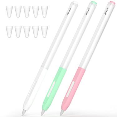 Imagem de JOOSKO Estojo compatível com Apple Pencil Pro/Apple Pencil 2ª geração, pacote com 3 estojos de silicone translúcido de dois tons, [com 10 capas de ponta de silicone] (branco, menta, rosa)