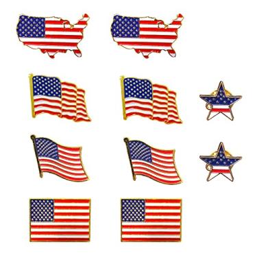 Imagem de 10 peças de alfinetes de bandeira americana lapela a granel mapa dos Estados Unidos EUA estrela acenando bandeira broche retangular emblema conjunto de 5 padrões, Ferro, Sem pedras preciosas
