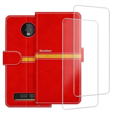Imagem de ESACMOT Capa de celular compatível com Motorola Moto Z3 Play + [pacote com 2] película protetora de tela, capa protetora magnética de couro premium para Motorola Moto Z3 (6 polegadas), vermelha