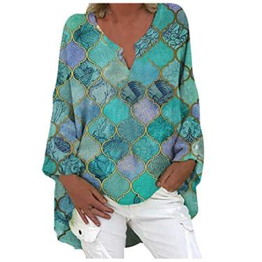 Imagem de Camisetas femininas de linho de algodão manga longa casual gola V Boho camiseta grande cor sólida solta verão tops, Verde, 3G