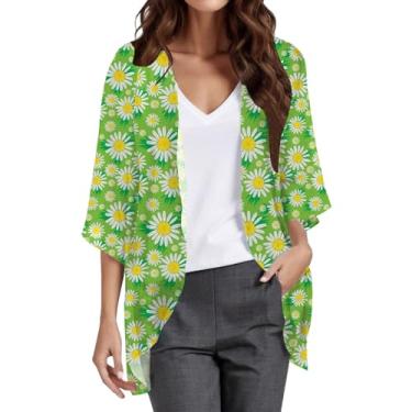 Imagem de Camisa feminina havaiana estampa floral manga bufante 3/4 verão leve chiffon quimono cardigã blusa casual, #A20 Verde, P