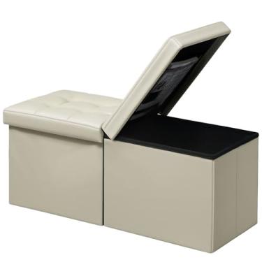 Imagem de AmasSmile Banco otomano de apoio para os pés com armazenamento, apoio para os pés de couro bege de 86 cm, mesa de centro, assento acolchoado, baú de armazenamento, loja de cobertores com tampa