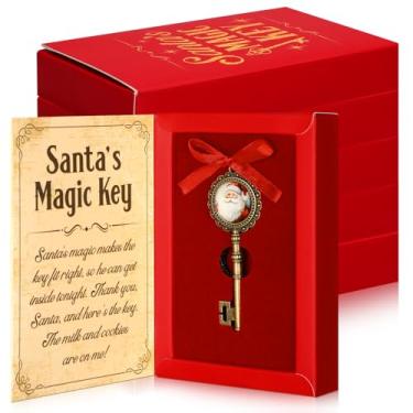 Imagem de Teenyyou Pacote com 6 chaves mágicas do Papai Noel para casa sem ornamento de chaminé, chave de Papai Noel de metal com caixa de chaves e fita de cetim vermelha para decorações vintage de Papai Noel