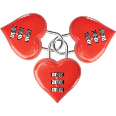 Imagem de 3 peças mini cadeado vermelho com senha de coração pequeno de metal em forma de coração cadeado de combinação de código de 3 dígitos para bolsas de viagem/mala/armários/mochilas/caixas de joias