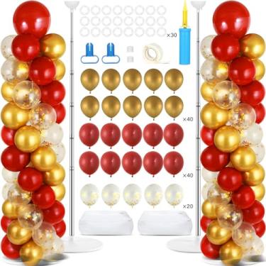 Imagem de 2 Sets Balloon Column Stand Kit with 100 Balloons Adjustable Balloon Tower Stand with Bases for Floor Red Gold Confetti Balloon Column Kit for Birthday Wedding Engagement Anniversary Party Decor