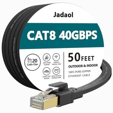 Imagem de Cabo Ethernet Cat8, externo e interno, cabo de rede LAN Cat 8 de alta velocidade resistente de 50 pés, 40Gbps 2000MHz RJ45 Flat Internet Computer Patch Cord, à prova de intempéries S/FTP resistente a