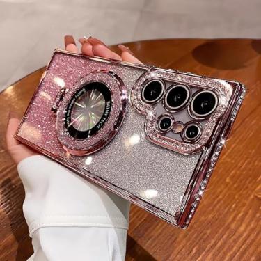 Imagem de Glitter Gradient Rhinestone Magnetic Mirror Bracket Case para Samsung S24 S23 Ultra S22 Plus A54 A34 A24 A55 A35 A25 A15 A05 Menina, Rosa, Para S23Ultra