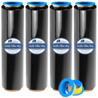 Imagem de Película elástica preta para paletes: pacote com 4 rolos de plástico de embalagem móvel com 2 alças, força de 45 cm até 800%, rolo retrátil de calibre 80 para embalagem de paletes, transporte