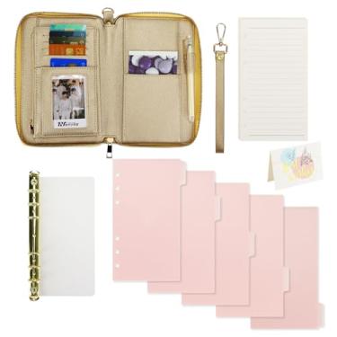 Imagem de Fichário de couro PU A6 com zíper, capa de couro com zíper - fichário A6 dourado com 6 anéis, 45 folhas de papel de reposição, 1 conjunto de bolsos divisórias rosa transparentes, cartão de presente