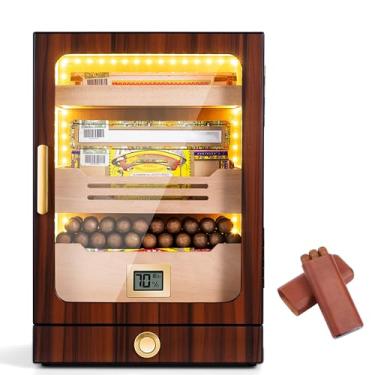 Imagem de Caixa de umidificador de charuto para 150 contagens, design transparente com forro e divisor de cedro espanhol, higrômetro, gaveta de acessórios e umidificador, caixa de charuto portátil de 3 pac