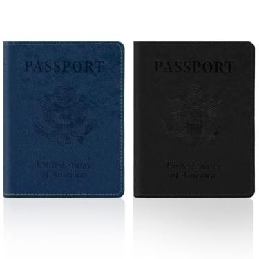 Imagem de Capa para cartão de passaporte e vacina, carteira para passaporte com compartimento para cartão de vacina, Preto + azul escuro, 2pcs