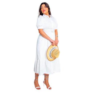 Imagem de Vestido plus size manga curta midi com cinto e saia evase em crepe ele