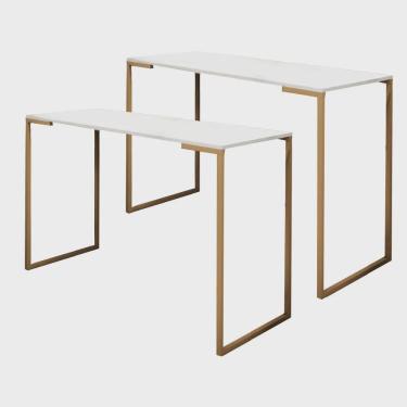 Imagem de Kit 02 Mesa Escrivaninha Escritório e Home Office Stan Industrial Ferro Dourado Tampo mdf Branco - Ahz Móveis