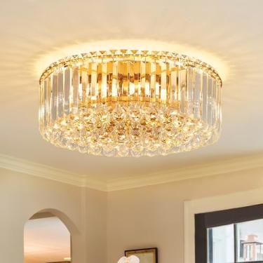 Imagem de Faibra Luminária De Teto Embutida Em Formato De Gota De Chuva De Cristal K9 Dourado De 17,3", Lustre Moderno, Luminária Redonda De Luxo Para Sala De Jantar, Quarto, Corredor, Ilha De Cozinha E Sala