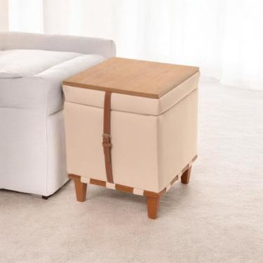 Imagem de Pufe Quadrado Flex Baú Linho Organizador Madeira Maciça Assento e Mesa Centro