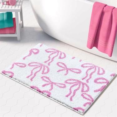 Imagem de Tapete de banho com laço rosa para meninas e crianças, antiderrapante, 50 x 81 cm, lindo tapete de banheiro estético, decoração de banheiro, absorvente, macio, tufado, lavável, moderno, chique gasto