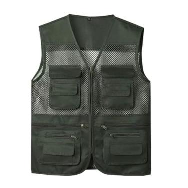 Imagem de Colete De Pesca Casual Masculino, Colete De Pesca Fotográfico Sem Mangas Com Zíper E Malha Respirável Com Vários Bolsos Para Homens, Jaqueta Leve Para Caça E Trabalho Ao Ar Livre(Military green,X-Larg